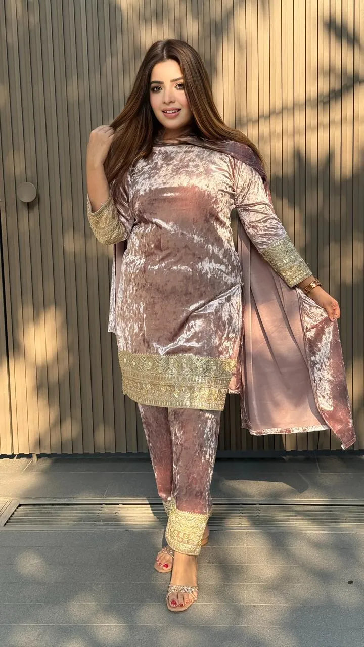 Arshika Velvet Suit Set- Gray, Lavender