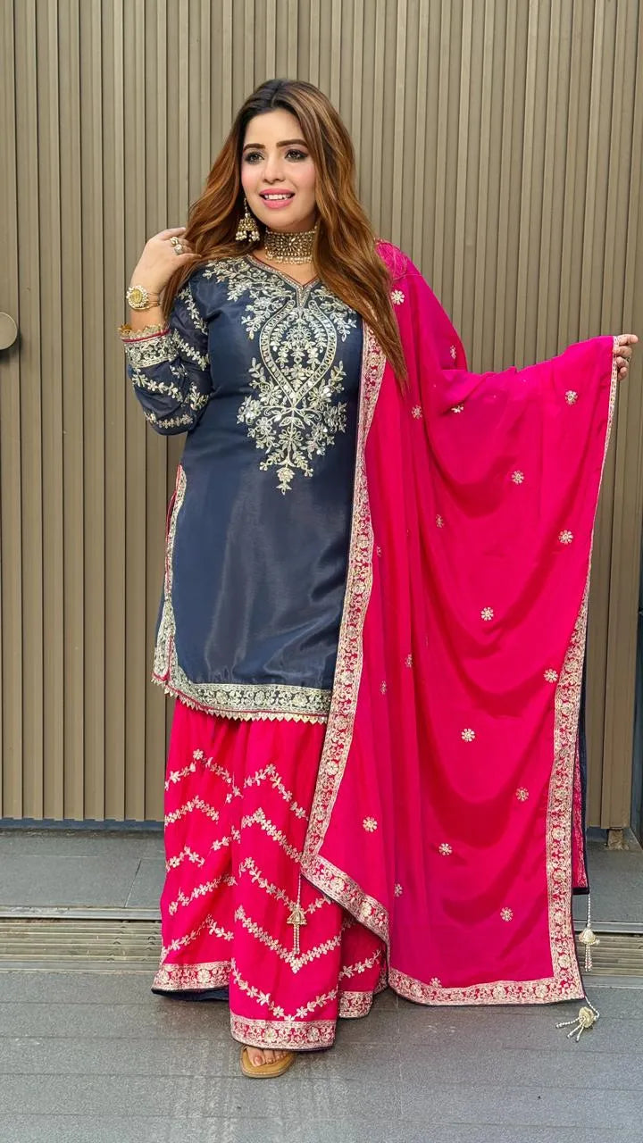 Nivira Sharrara Suit Set- Gray