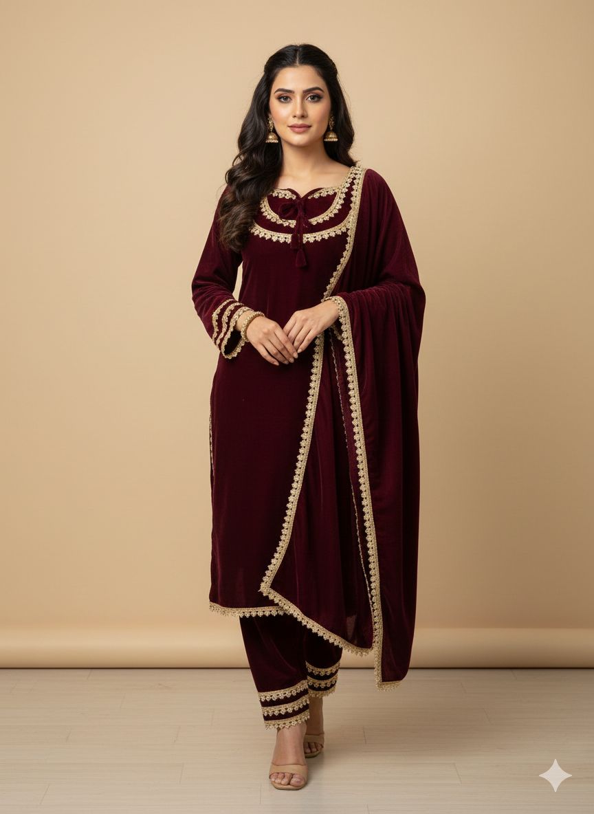 Iraaya Embroidered Kurta Set with Dupatta – Wine, Blue & Black