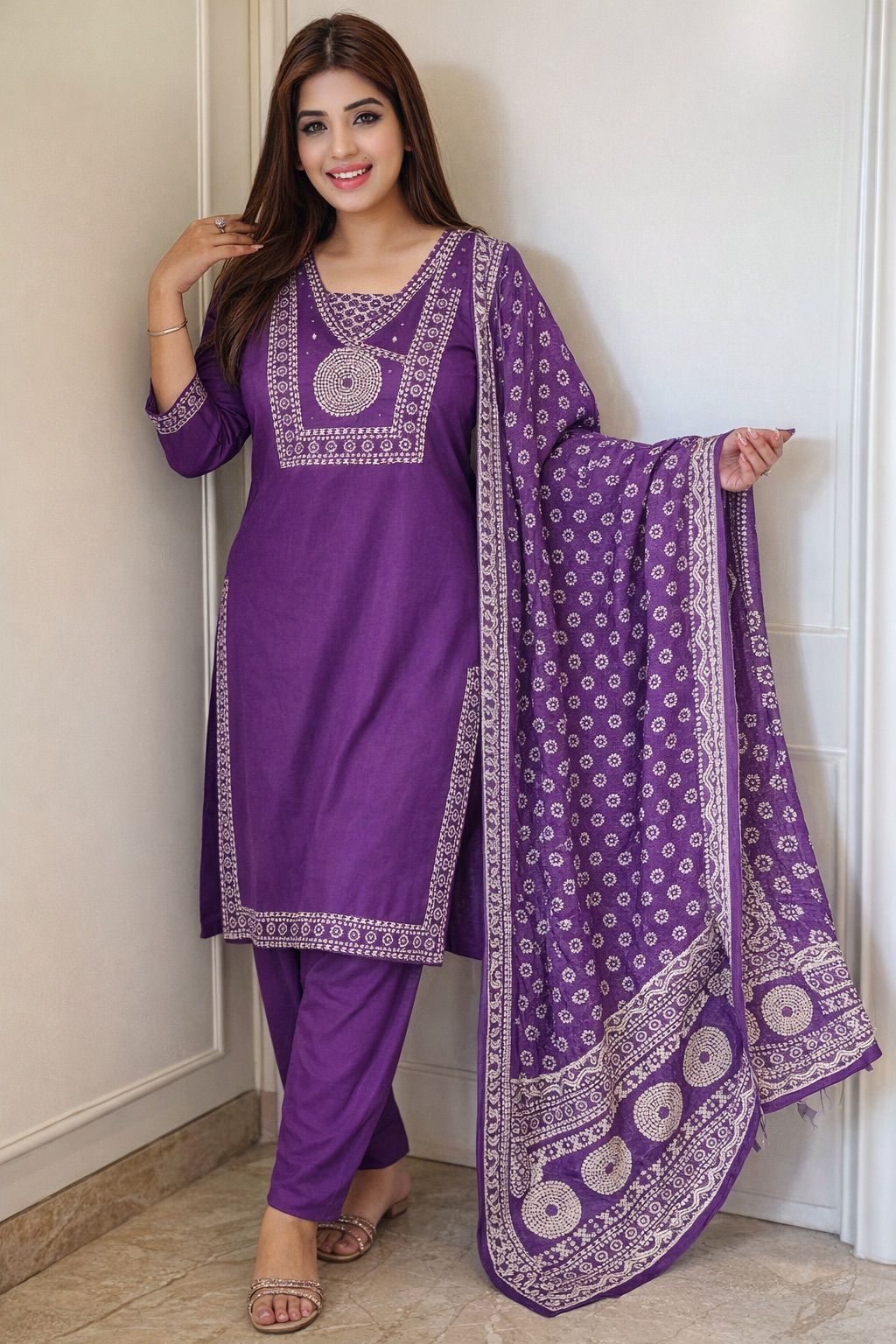Rangriti Heritage Printed Kurta Set with Dupatta – Orange & Purple