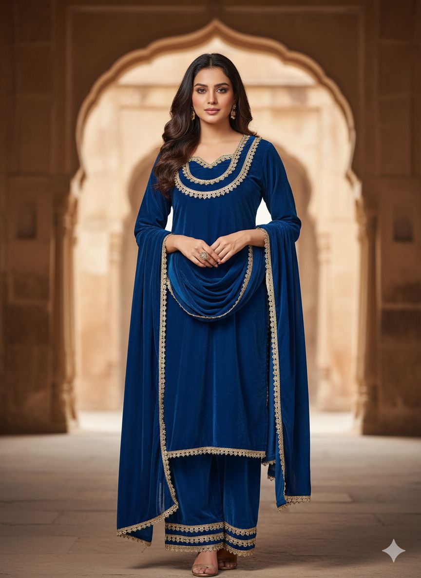 Iraaya Embroidered Kurta Set with Dupatta – Wine, Blue & Black