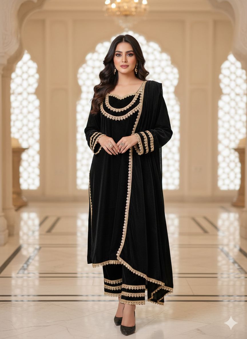 Iraaya Embroidered Kurta Set with Dupatta – Wine, Blue & Black