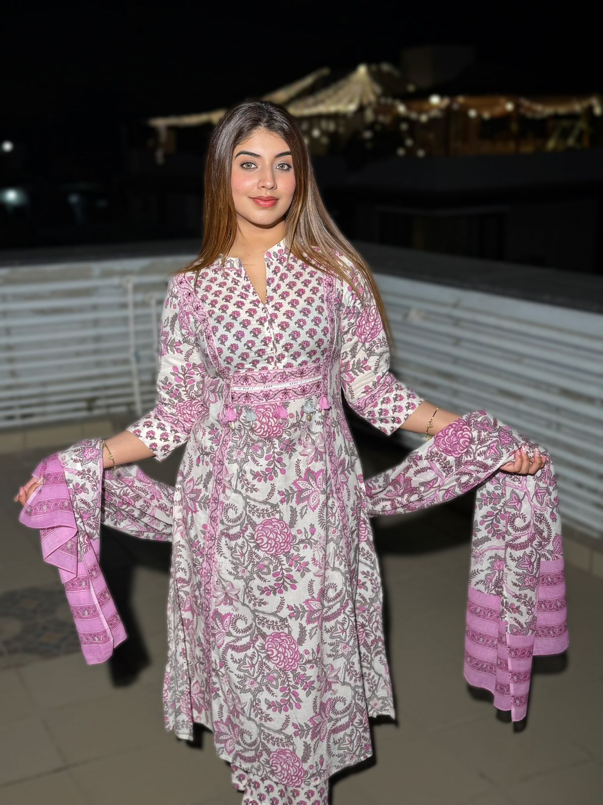 Gulrukh Bloom Printed Suit Set – Pink & Yellow