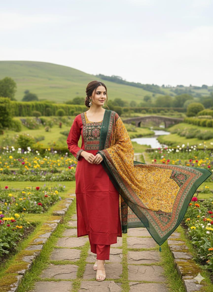 Ruby Heritage – Pure 60/60 Cotton Suit Set with Kalamkari-Style Dupatta