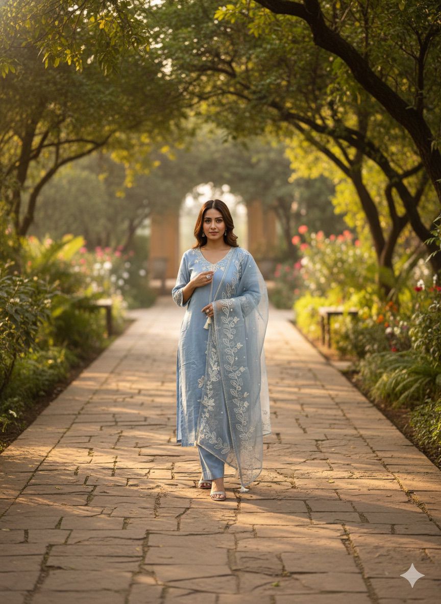 Serene Azure Grace – Hand-Embroidered Luxury Suit Set
