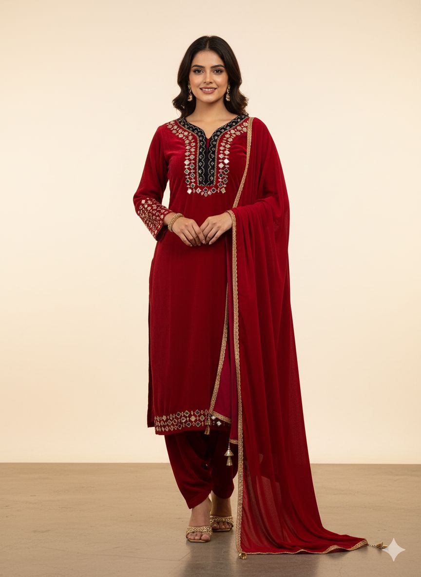 Noor Elegant Embroidered Kurta Set with Dupatta – Red, Black, Blue & Wine