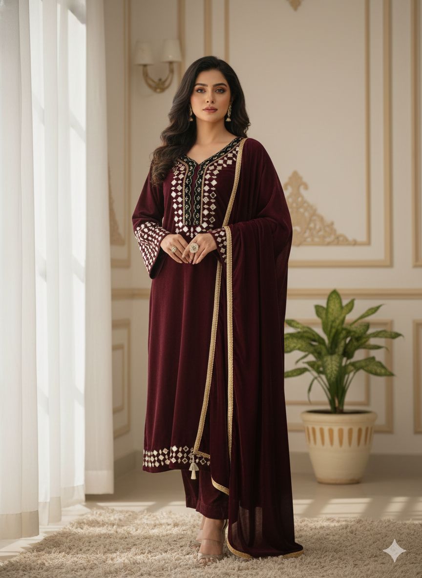 Noor Elegant Embroidered Kurta Set with Dupatta – Red, Black, Blue & Wine