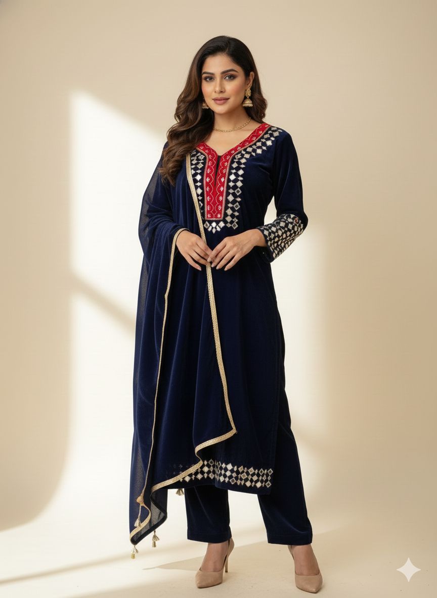 Noor Elegant Embroidered Kurta Set with Dupatta – Red, Black, Blue & Wine