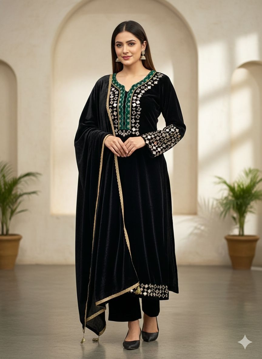 Noor Elegant Embroidered Kurta Set with Dupatta – Red, Black, Blue & Wine