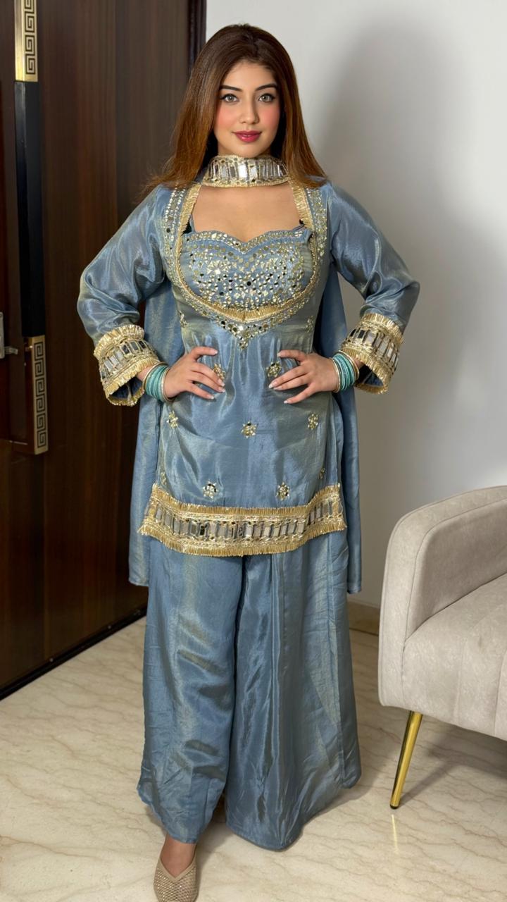 Aayat Premium Mirror Work Kurta Set with Palazzo & Dupatta