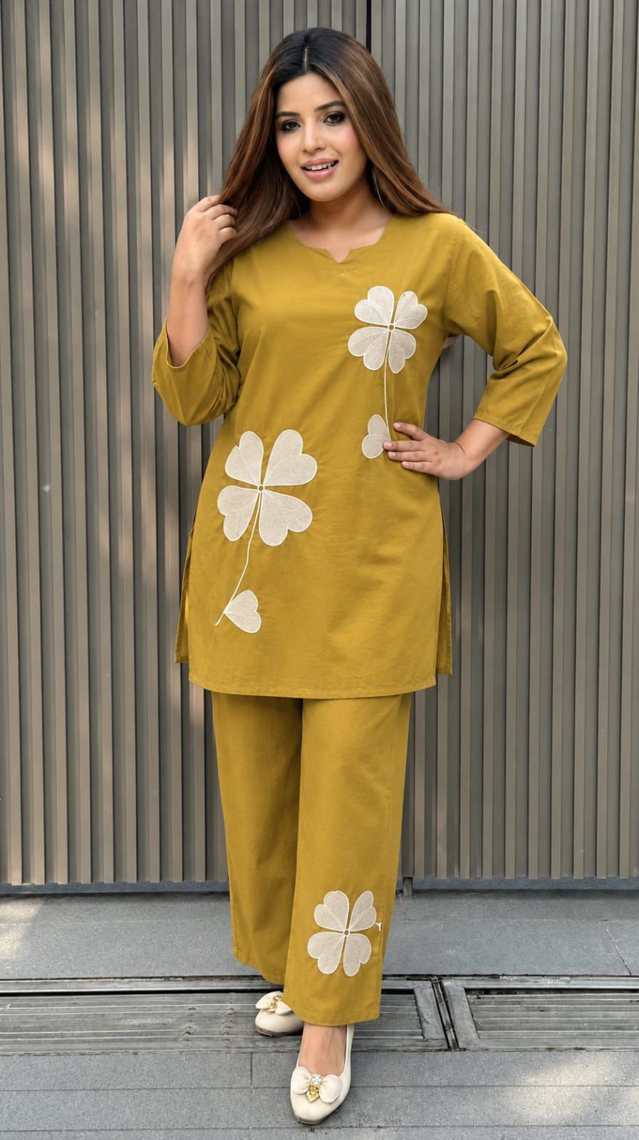 Mahjabeen – Mustard Yellow Floral Appliqué Cotton Co-Ord Set for Women | Premium 2-Piece Outfit