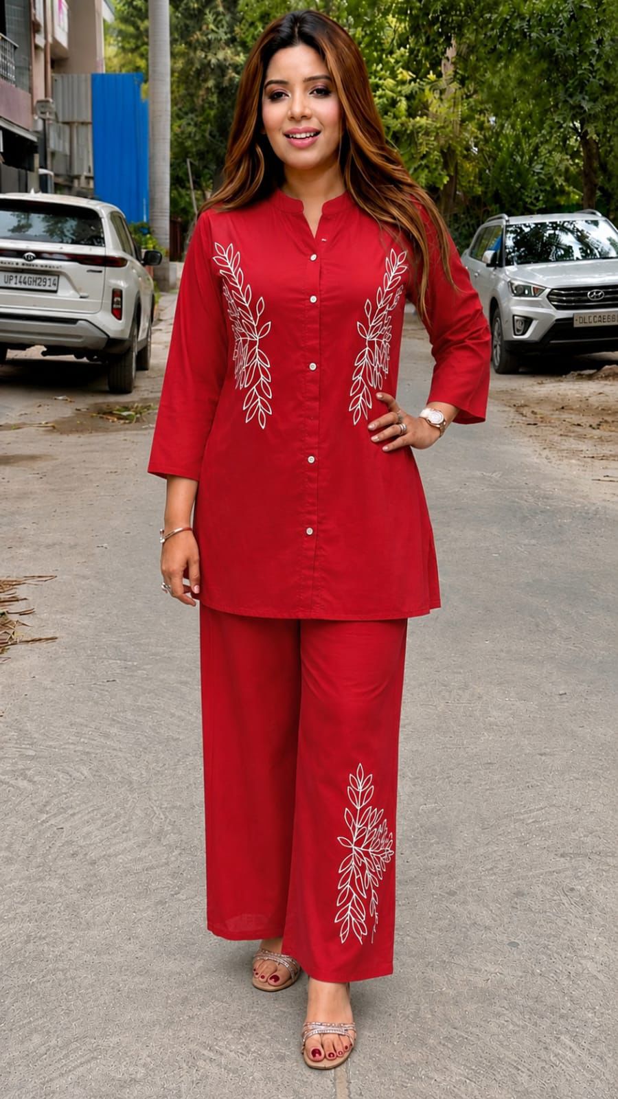 Nayab – Premium Cotton Embroidered Co-Ord Set for Women | Front Button Kurti with Wide-Leg Pants | Yellow & Red
