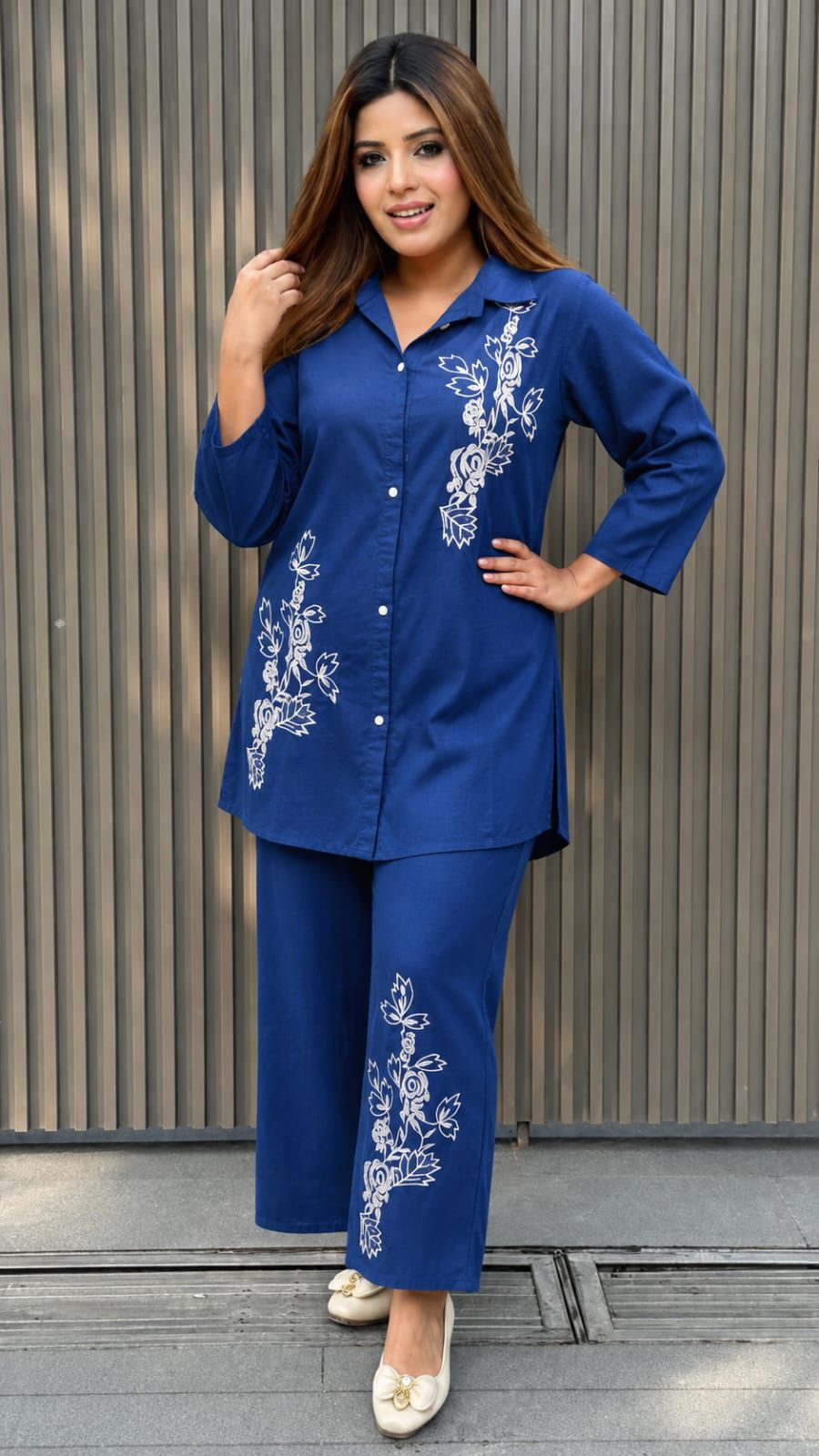 Shehzaadi – Navy Blue Premium Cotton Embroidered Co-Ord Set for Women | Front Button Kurti & Wide-Leg Pants