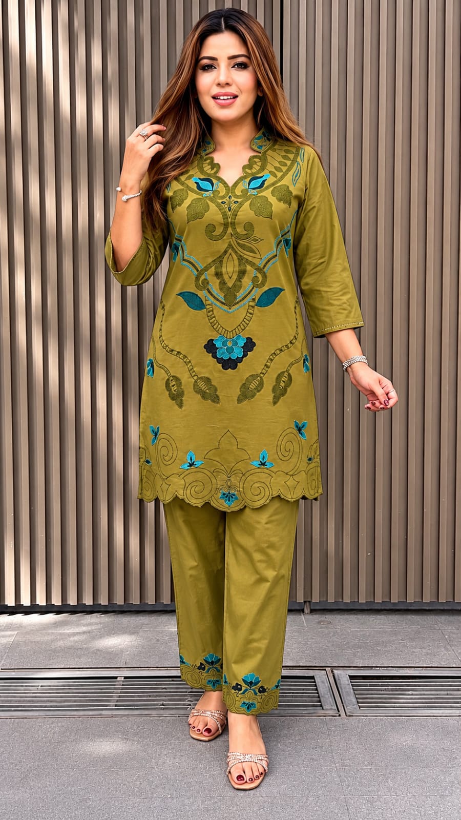 Parizad – Olive Green Premium Cotton Embroidered Kurta Pant Set for Women | Elegant Floral Embroidery | 2-Piece Set
