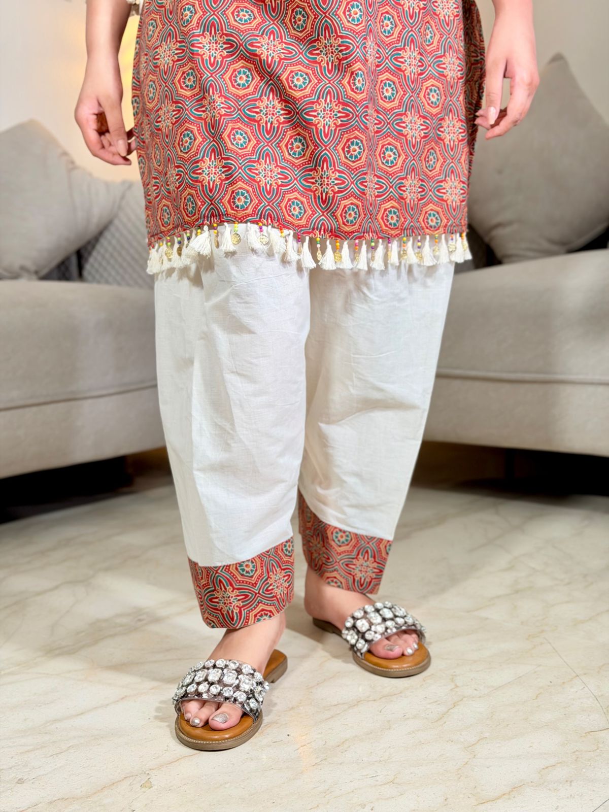 Nayantara – Brown Printed Premium Cotton Kurta Pant Set with Tassel Dupatta for Women | Designer 3-Piece Ethnic Set