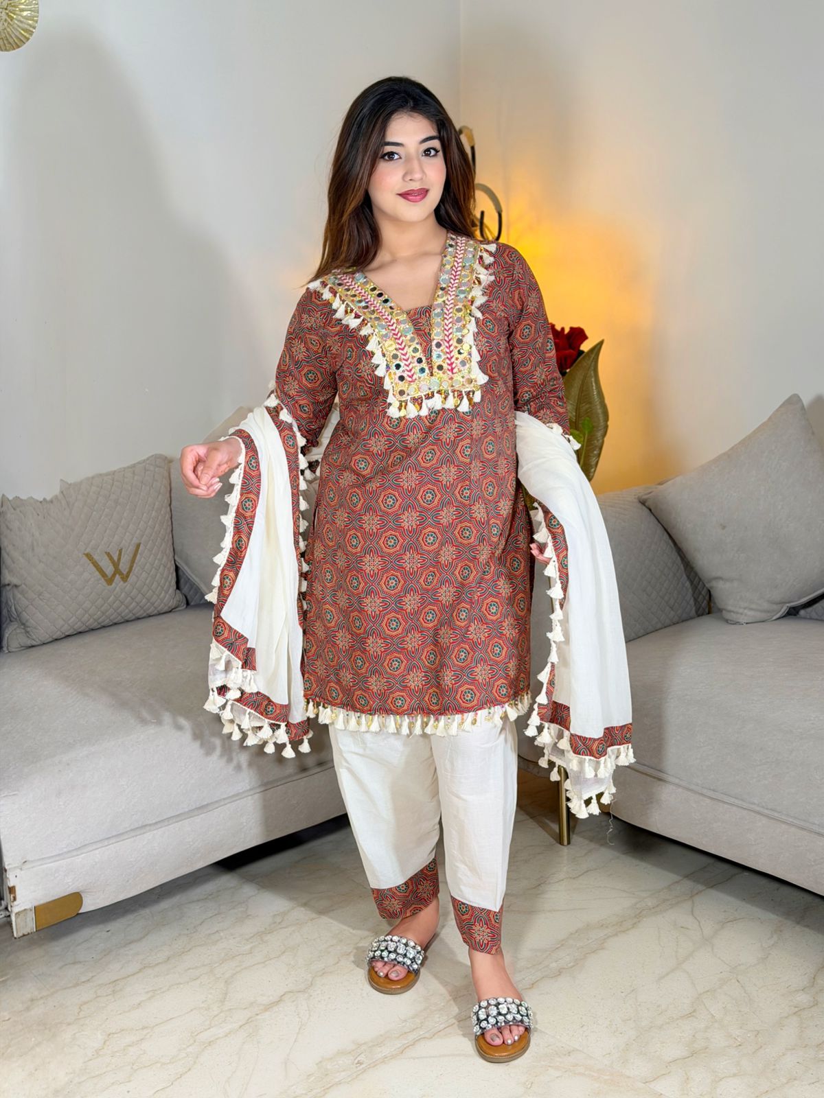 Nayantara – Brown Printed Premium Cotton Kurta Pant Set with Tassel Dupatta for Women | Designer 3-Piece Ethnic Set