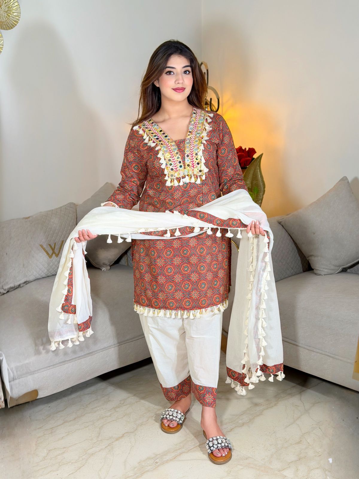 Nayantara – Brown Printed Premium Cotton Kurta Pant Set with Tassel Dupatta for Women | Designer 3-Piece Ethnic Set