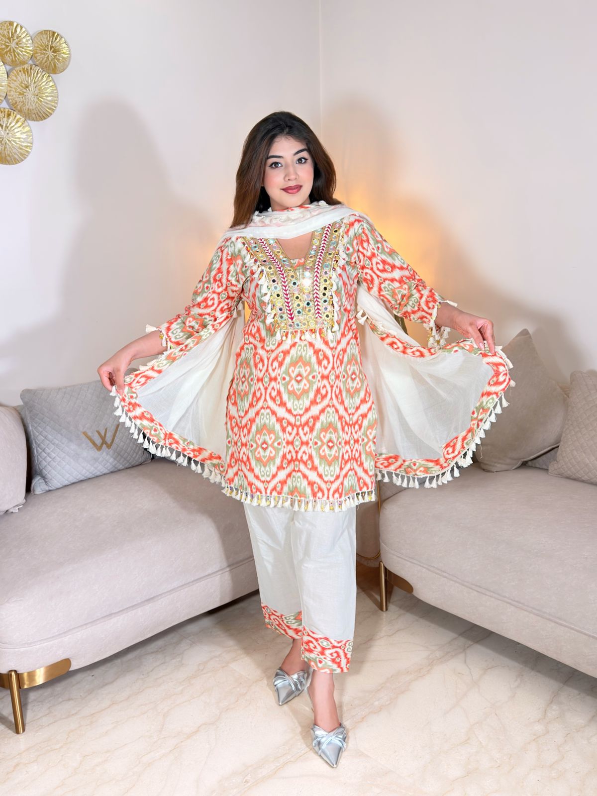 Mahrosh – Peach Printed Premium Cotton Kurta Pant Set with Tassel Dupatta for Women | Designer 3-Piece Ethnic Set