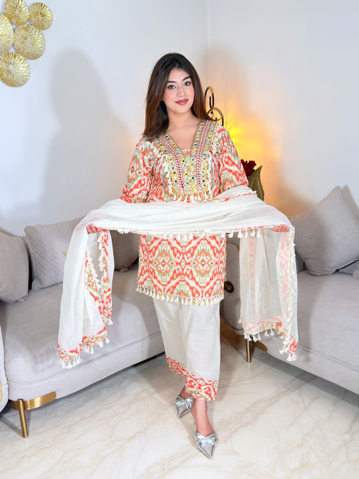 Mahrosh – Peach Printed Premium Cotton Kurta Pant Set with Tassel Dupatta for Women | Designer 3-Piece Ethnic Set
