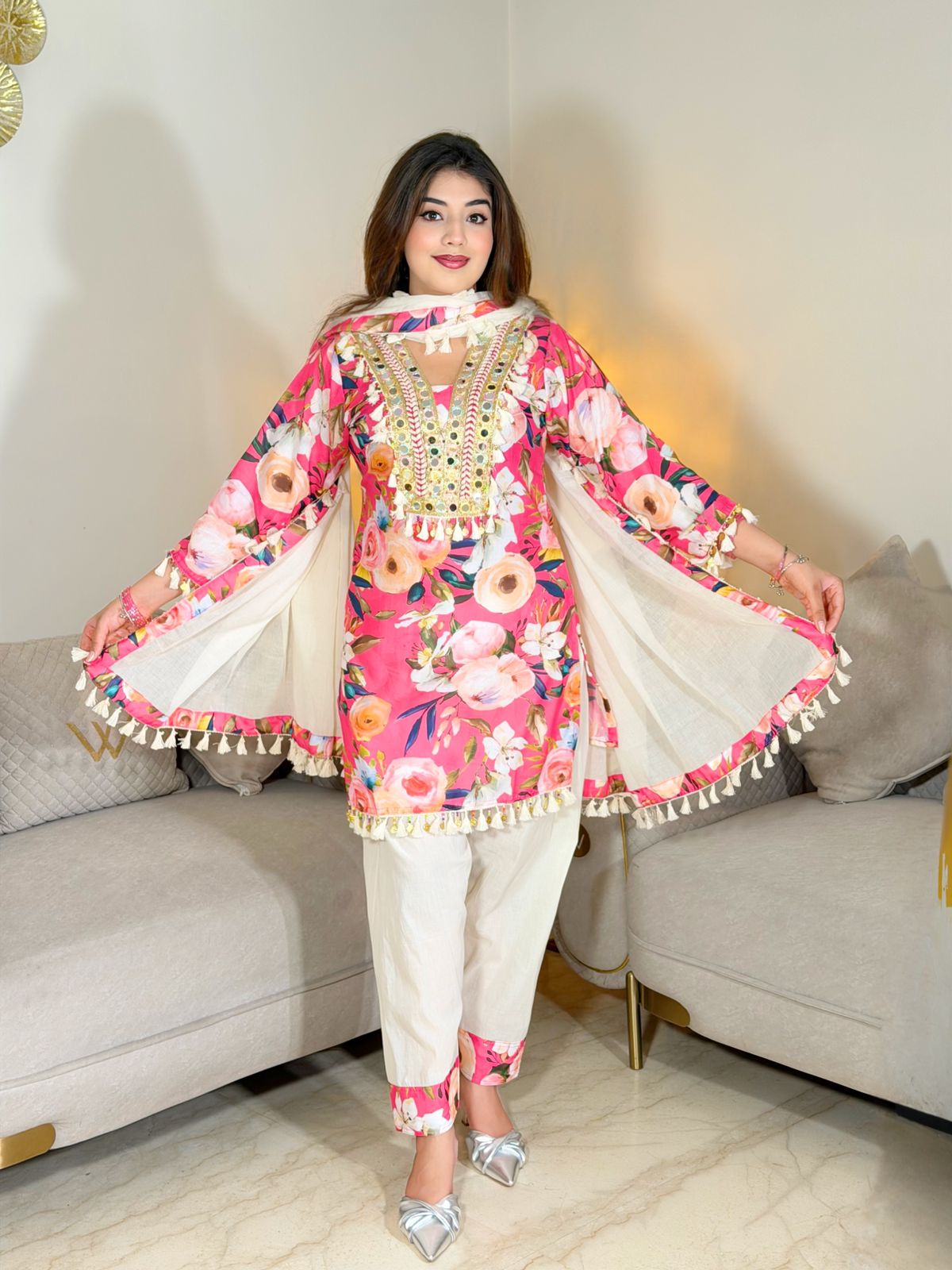 Naureen – Pink Floral Printed Premium Cotton Kurta Pant Set with Tassel Dupatta for Women | Designer 3-Piece Ethnic Set