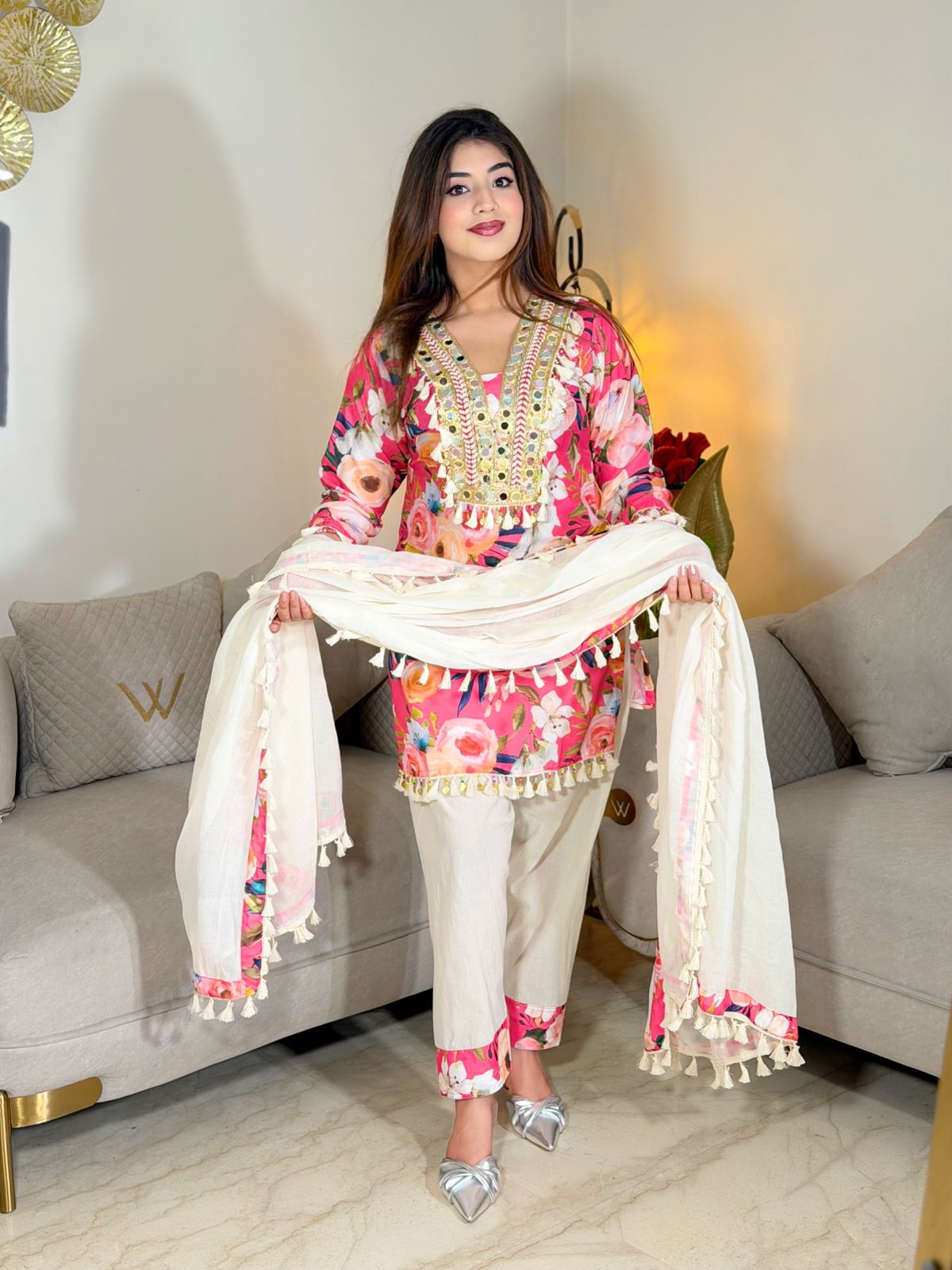 Naureen – Pink Floral Printed Premium Cotton Kurta Pant Set with Tassel Dupatta for Women | Designer 3-Piece Ethnic Set
