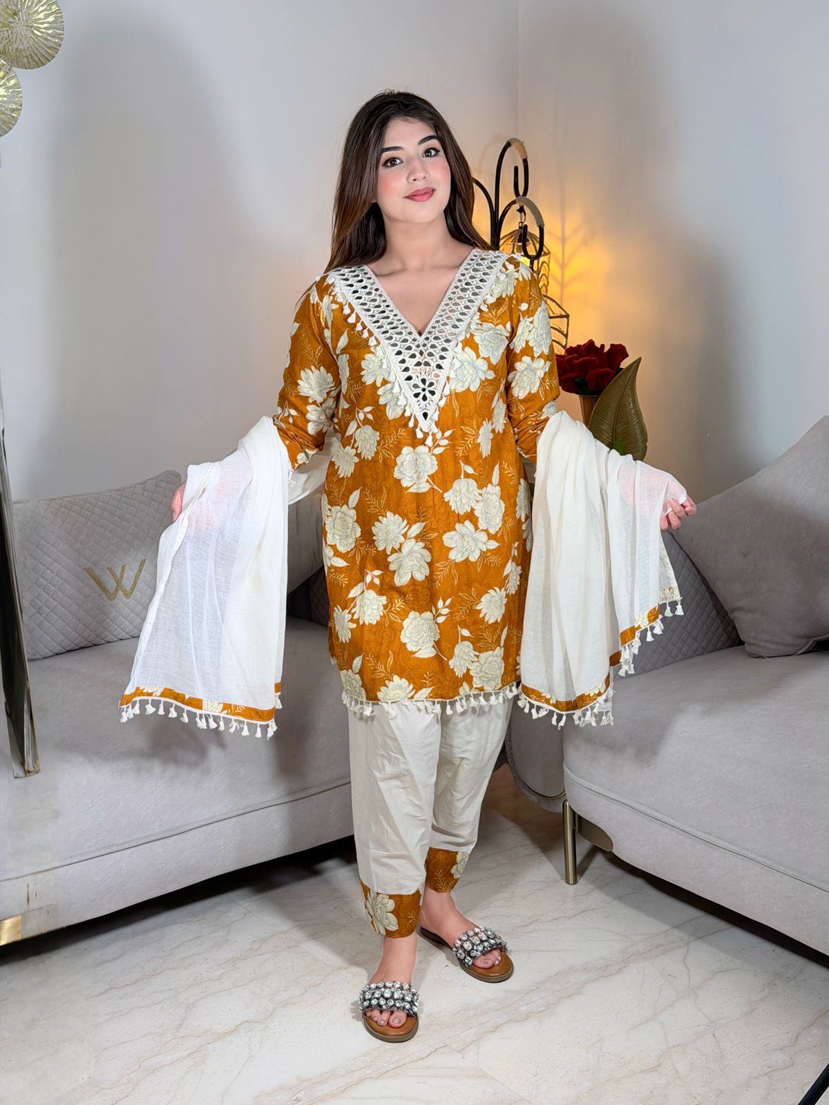 Mehergul – Pink & Yellow Floral Printed Premium Cotton Kurta Pant Set with Tassel Dupatta for Women | Designer 3-Piece Ethnic Set
