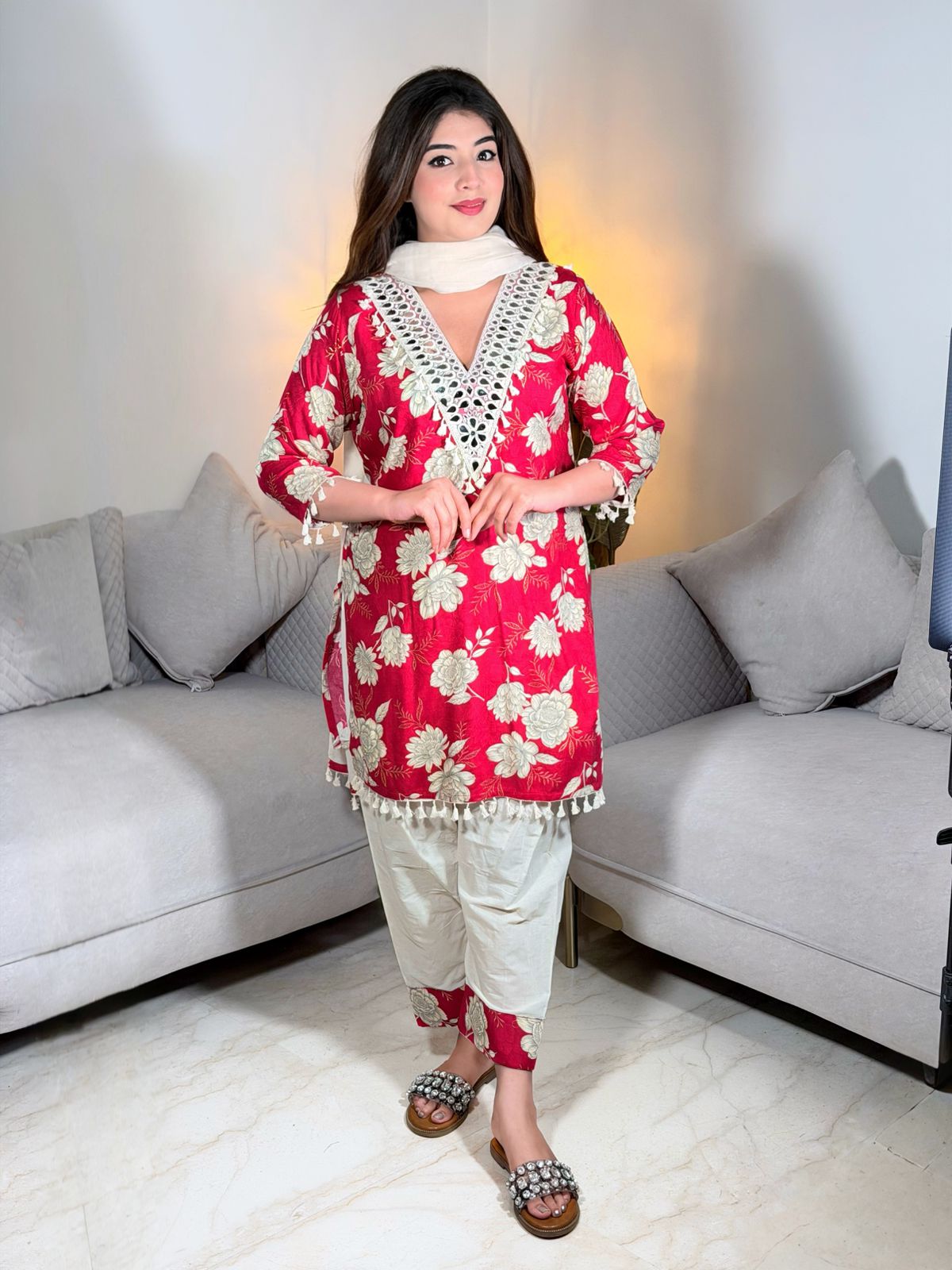Mehergul – Pink & Yellow Floral Printed Premium Cotton Kurta Pant Set with Tassel Dupatta for Women | Designer 3-Piece Ethnic Set