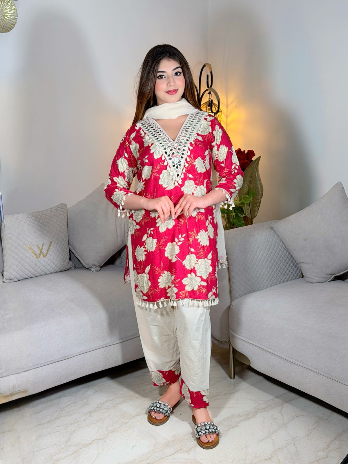 Mehergul – Pink & Yellow Floral Printed Premium Cotton Kurta Pant Set with Tassel Dupatta for Women | Designer 3-Piece Ethnic Set