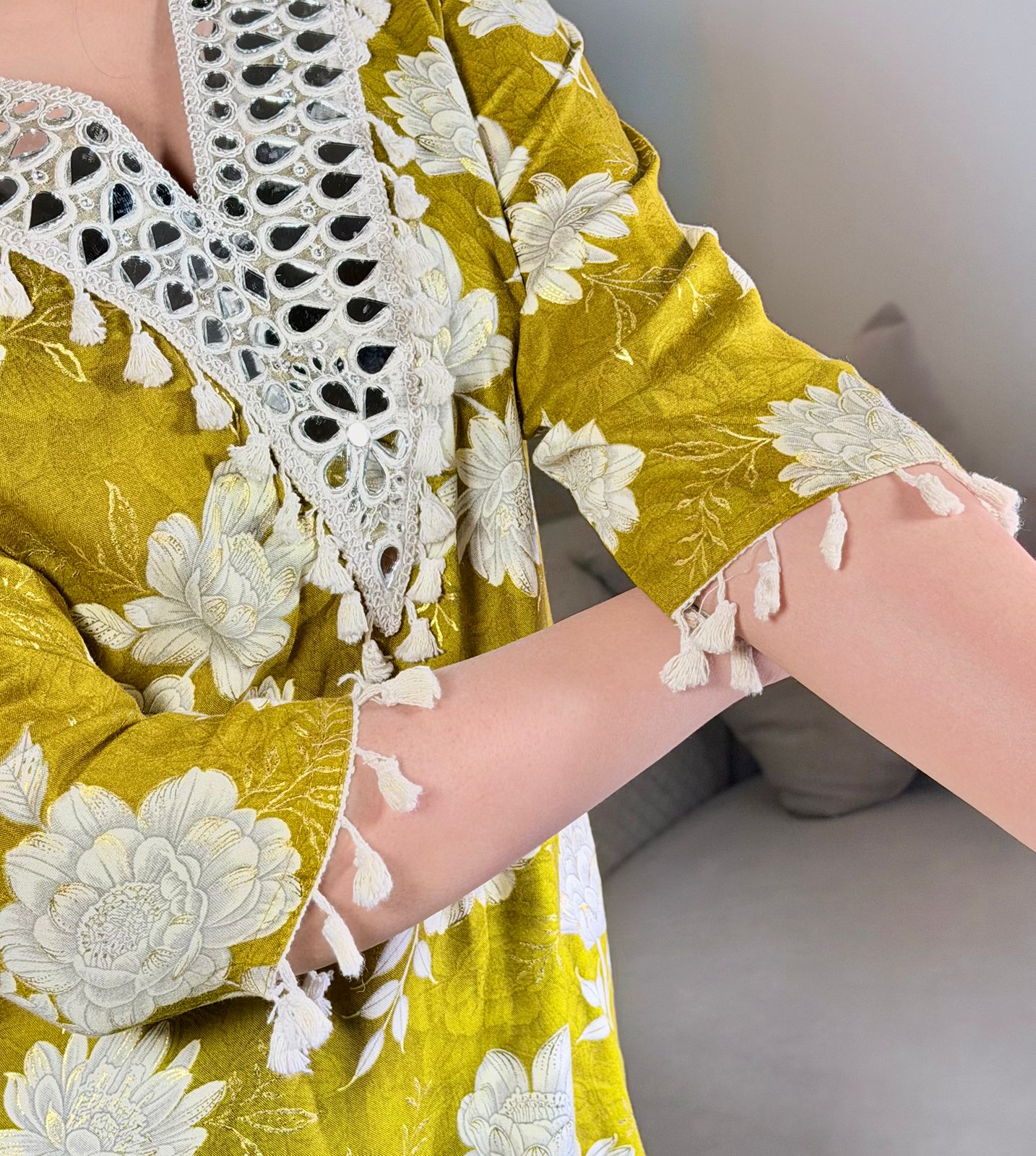 Mehergul – Pink & Yellow Floral Printed Premium Cotton Kurta Pant Set with Tassel Dupatta for Women | Designer 3-Piece Ethnic Set