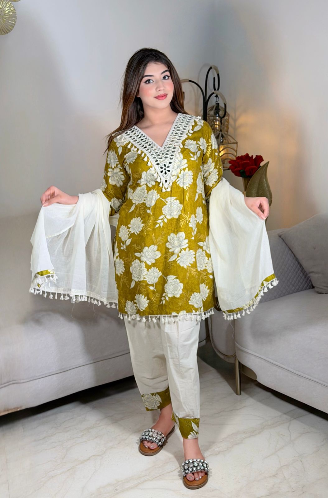 Mehergul – Pink & Yellow Floral Printed Premium Cotton Kurta Pant Set with Tassel Dupatta for Women | Designer 3-Piece Ethnic Set
