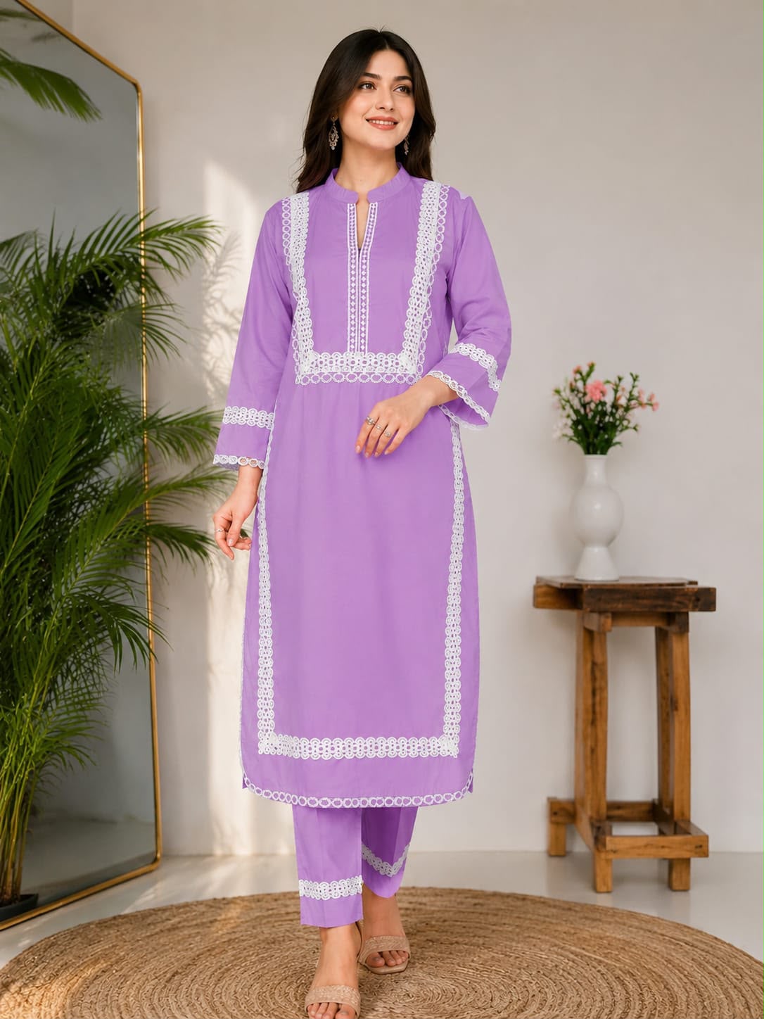 Laila – Lavender Premium Cotton Lace Kurta Pant Set with Dupatta for Women | Elegant 3-Piece Ethnic Set