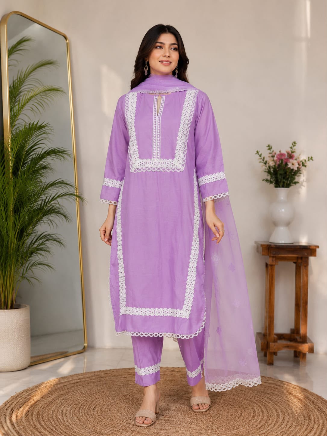 Laila – Lavender Premium Cotton Lace Kurta Pant Set with Dupatta for Women | Elegant 3-Piece Ethnic Set