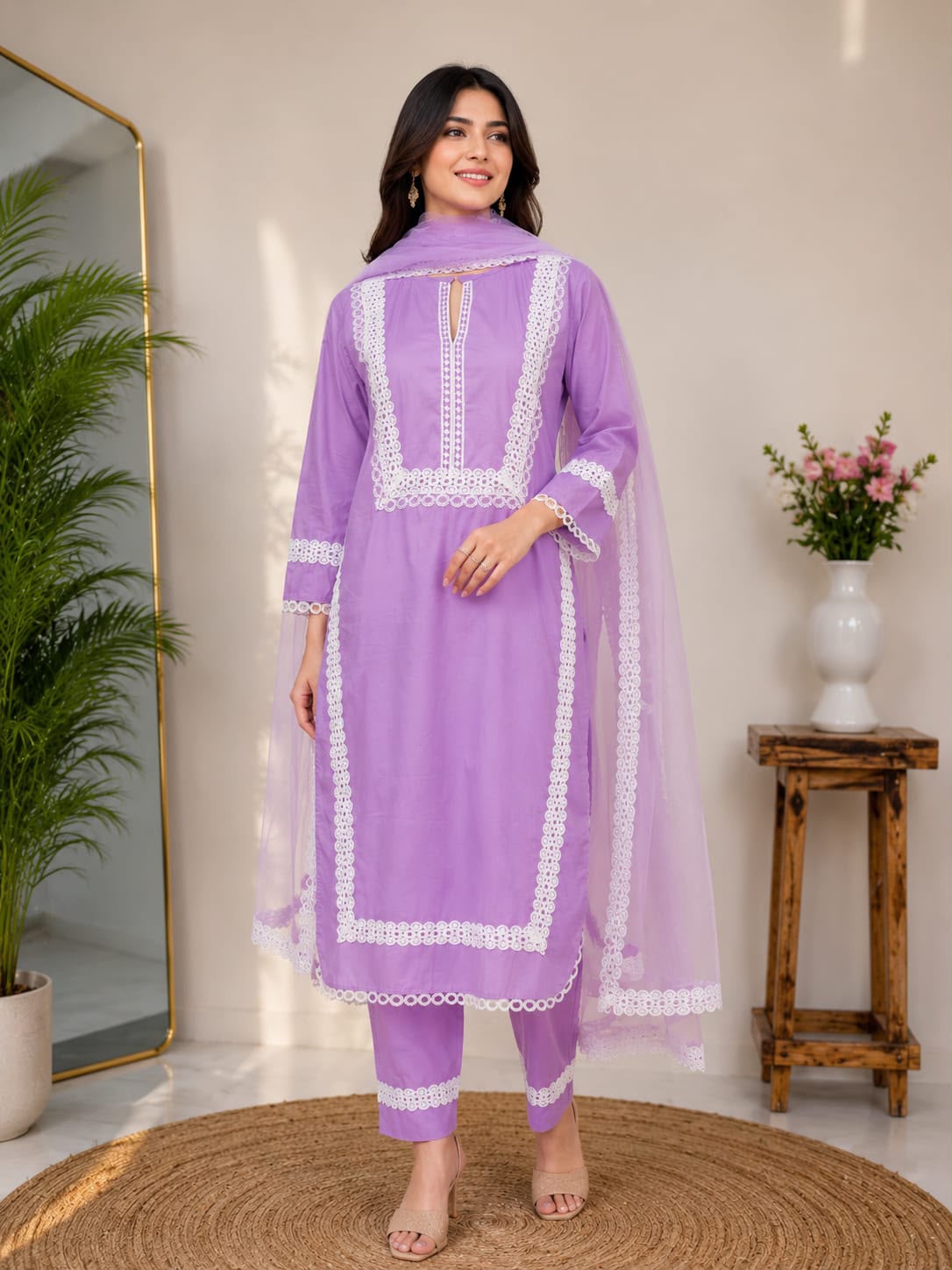 Laila – Lavender Premium Cotton Lace Kurta Pant Set with Dupatta for Women | Elegant 3-Piece Ethnic Set