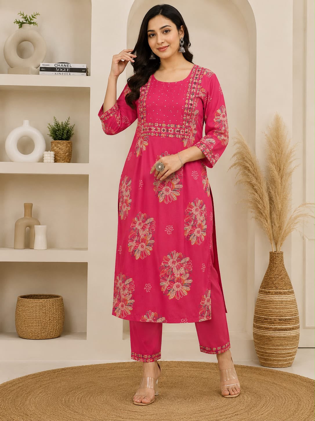 Naazish – Pink & Yellow Floral Printed Premium Cotton Kurta Pant Set for Women | Elegant 2-Piece Ethnic Set