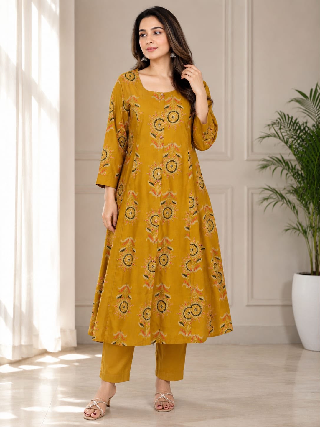 Mehveen – Wine & Mustard Printed Premium Cotton Kurta Pant Set for Women | Elegant 2-Piece Ethnic Set