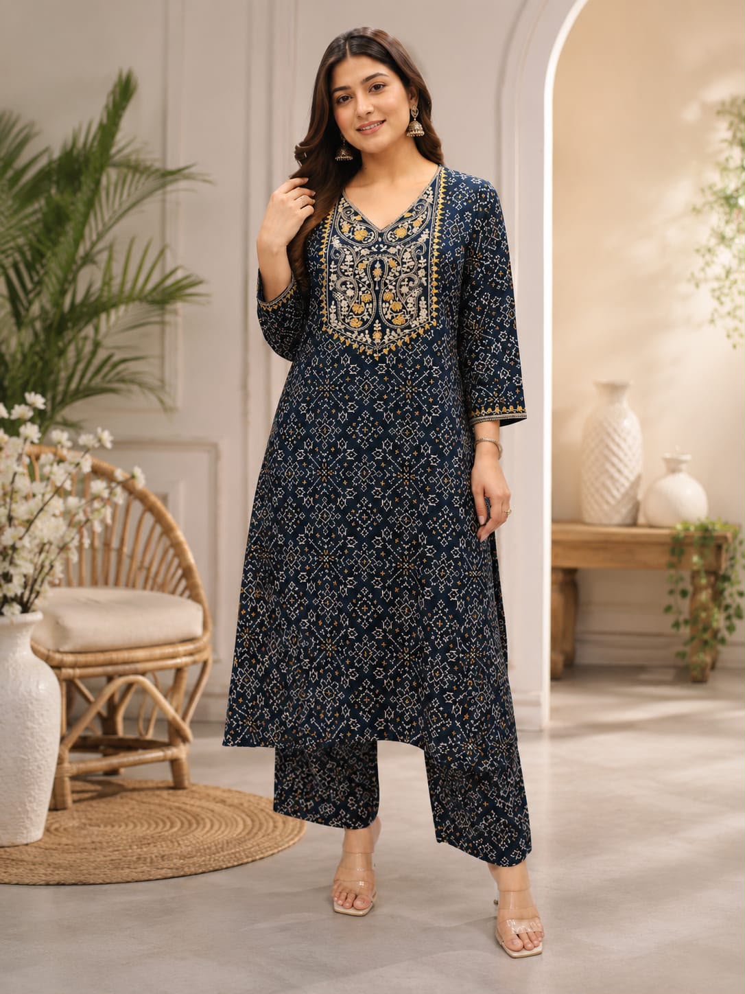 Zehra – Navy Blue Printed Premium Cotton Kurta Pant Set for Women | Elegant 2-Piece Ethnic Set