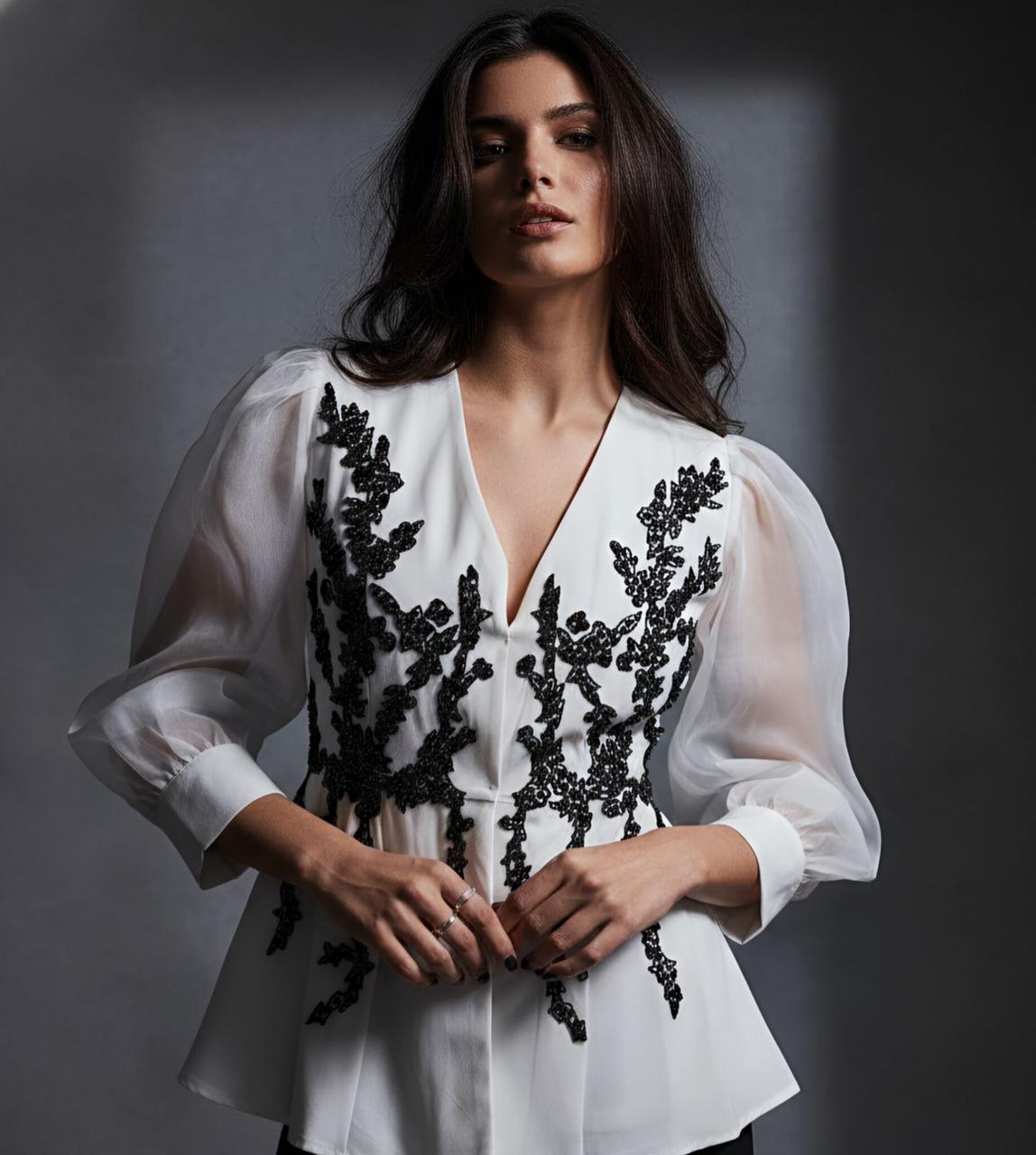 Elina – Black & White Premium Embellished Peplum Co-Ord Set for Women | Designer Party Wear Top with Flared Pants
