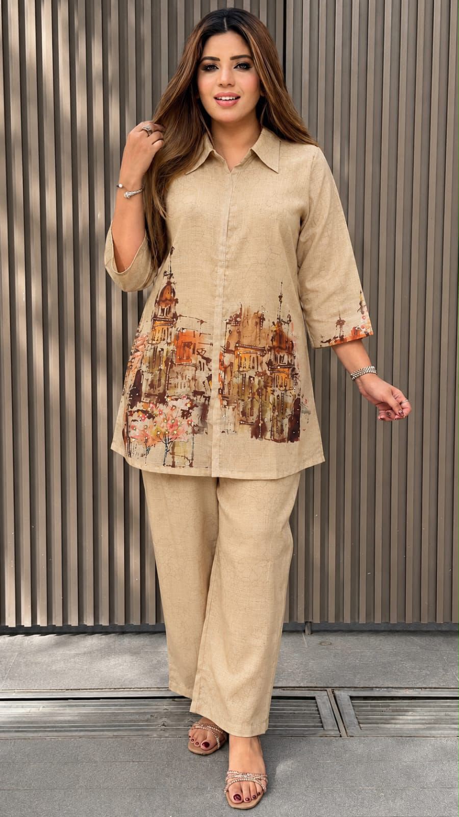 Raahat – White & Grey Premium Cotton Printed Co-Ord Set for Women | Shirt Style Top with Wide-Leg Pants | Designer 2-Piece Set