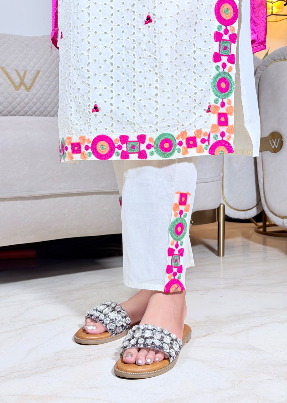 Roohi – Ivory White & Rani Pink Premium Cotton Kurta Pant Set with Ombre Dupatta for Women | Designer 3-Piece Ethnic Set