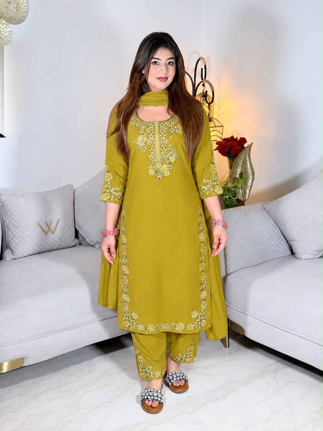 Simra – Premium Cotton Embroidered Kurta Pant Set with Dupatta for Women | Designer 3-Piece Ethnic Suit | Blue, Green & Pink
