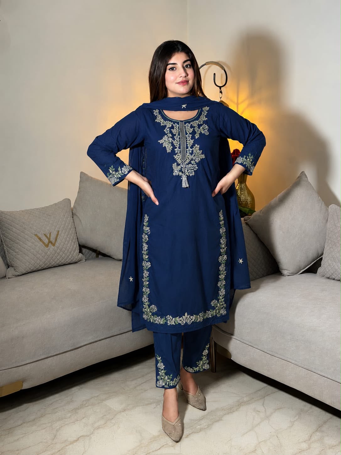 Simra – Premium Cotton Embroidered Kurta Pant Set with Dupatta for Women | Designer 3-Piece Ethnic Suit | Blue, Green & Pink