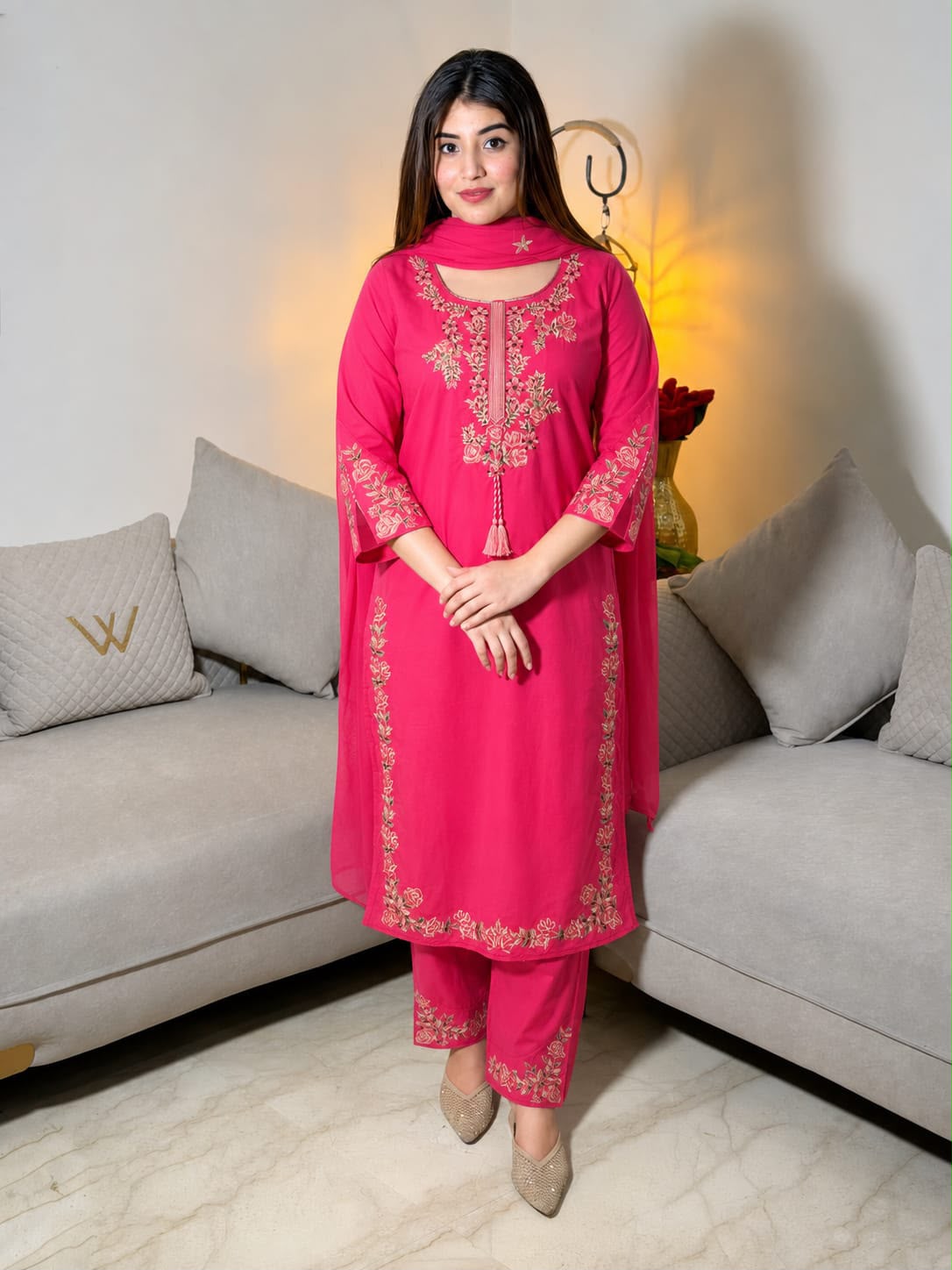 Simra – Premium Cotton Embroidered Kurta Pant Set with Dupatta for Women | Designer 3-Piece Ethnic Suit | Blue, Green & Pink