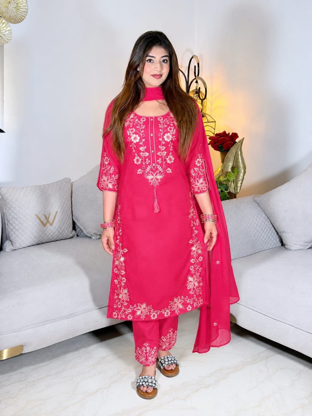 Zareen Embroidered Mustard Pink Suit Set