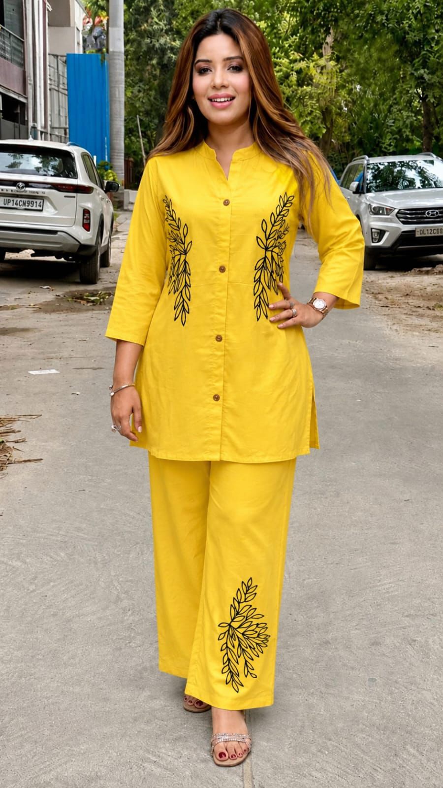Nayab – Premium Cotton Embroidered Co-Ord Set for Women | Front Button Kurti with Wide-Leg Pants | Yellow & Red