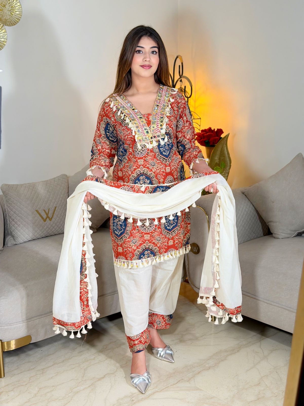 Sahar –  Printed Premium Cotton Kurta Pant Set with Tassel Dupatta for Women | Designer 3-Piece Ethnic Set
