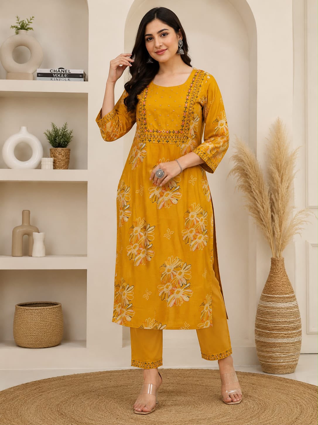 Naazish – Pink & Yellow Floral Printed Premium Cotton Kurta Pant Set for Women | Elegant 2-Piece Ethnic Set