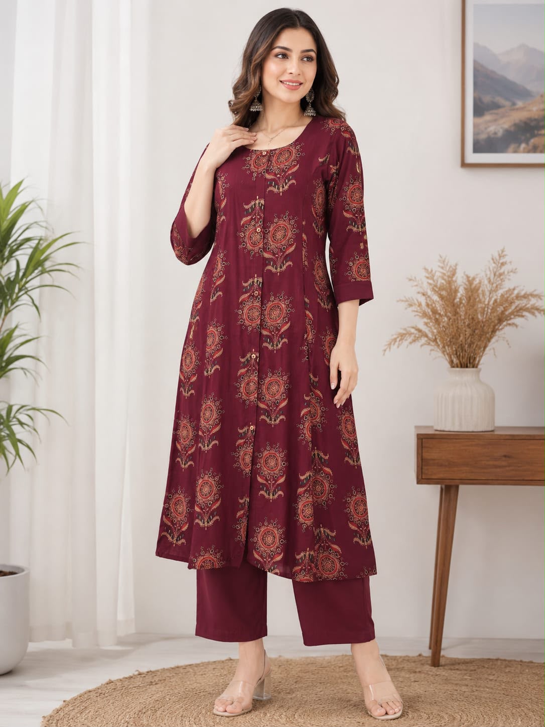 Mehveen – Wine & Mustard Printed Premium Cotton Kurta Pant Set for Women | Elegant 2-Piece Ethnic Set