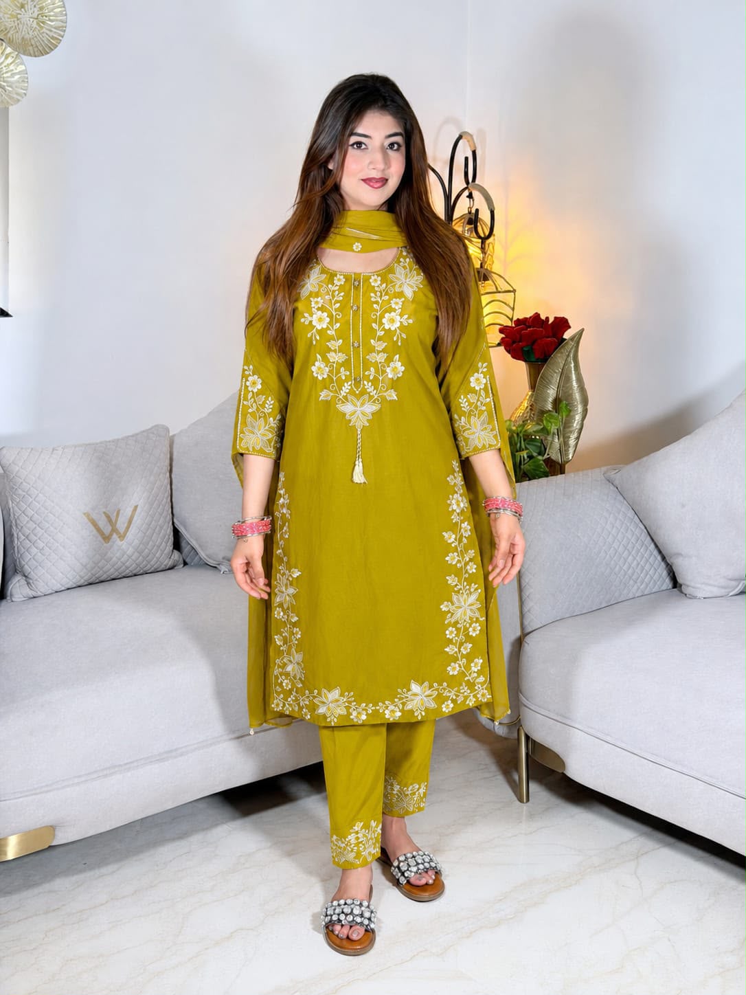 Zareen Embroidered Mustard Pink Suit Set