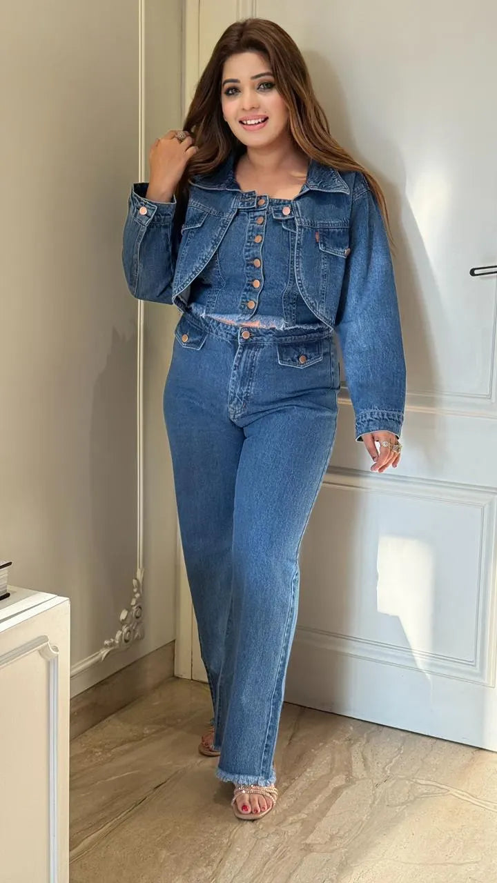 Zayvera Denim 3-Piece Set- Navy, Blue