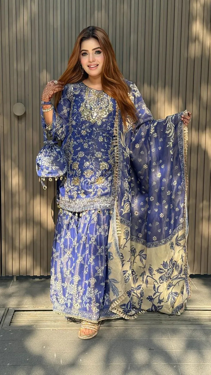 Zivana Sharar Suit- Blue, Pink